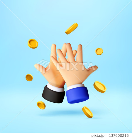 3D Business people giving high five with gold coin 3D Business people giving high five with gold coin 137608216