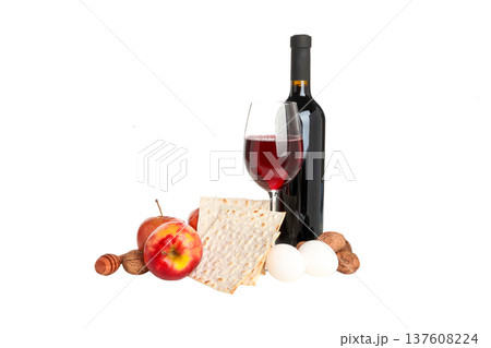 Passover items: wine, matzah, apples, eggs arranged, isolated, PNG 137608224