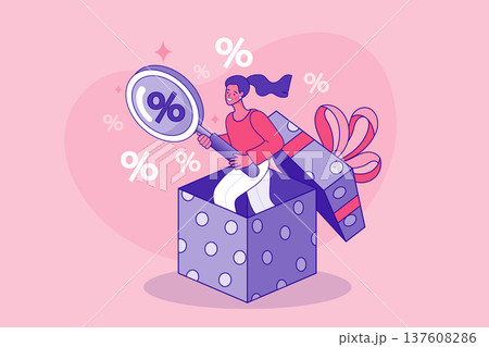 Surprise discount concept with a woman jumping out of a gift box. Modern flat vector for special offers, seasonal sales promotion, and creative customer reward programs. 137608286