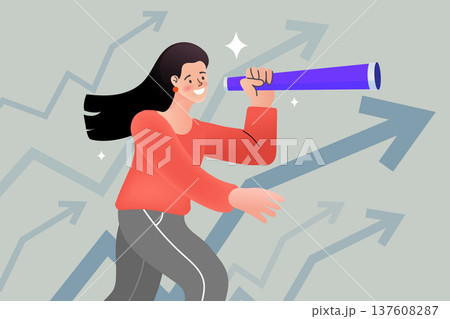 Business vision concept with a woman character holding a telescope against a rising arrow graph. Modern flat vector for future planning, market trend forecasting, and career growth opportunities. Business vision concept with a woman character holding a telescope against a rising arrow graph. Modern flat vector for future planning, market trend forecasting, and career growth opportunities. 137608287
