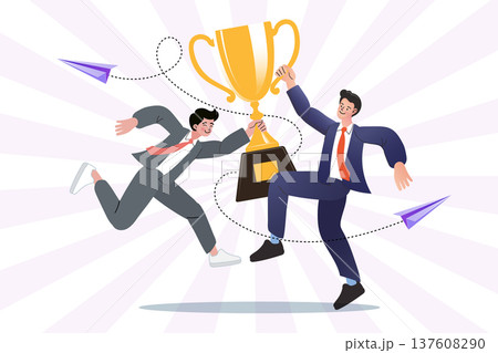 Professional colleagues running and cheering with champion award and paper planes on sunburst background. Flat vector for business achievement leadership and winning partnership concepts Professional colleagues running and cheering with champion award and paper planes on sunburst background. Flat vector for business achievement leadership and winning partnership concepts 137608290