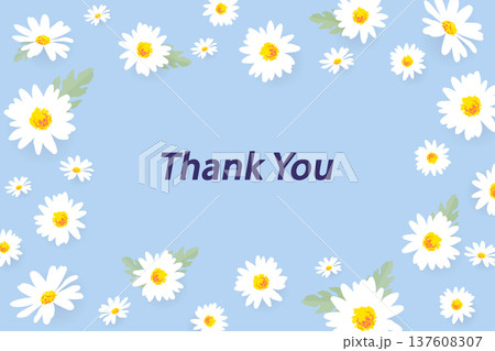 Thank you floral background and appreciation card template. Cute white daisy flowers framing a bright blue backdrop for customer gratitude, social media posts, and seasonal event displays. Thank you floral background and appreciation card template. Cute white daisy flowers framing a bright blue backdrop for customer gratitude, social media posts, and seasonal event displays. 137608307