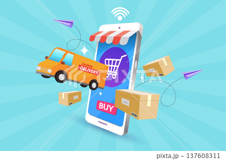 Online shopping and express logistics concept featuring yellow van with cardboard boxes popping out of mobile phone. Modern vector for e-commerce distribution and shipping business solutions 137608311