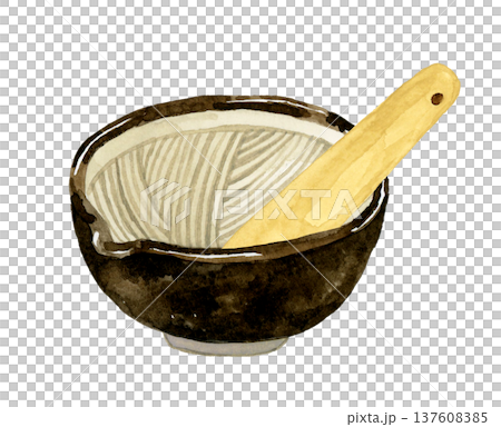 すり鉢とすりこぎのセット　手描き水彩イラスト素材 137608385