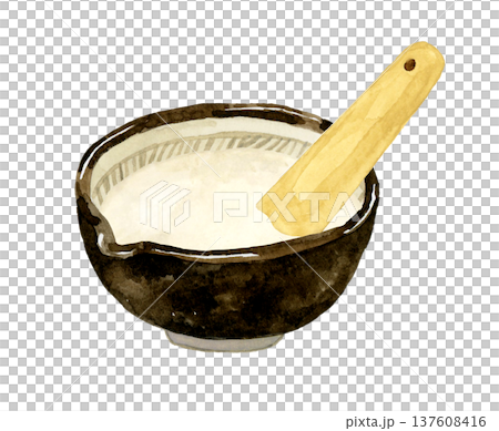 すり鉢に入ったとろろとすりこぎのセット　手描き水彩イラスト素材 137608416