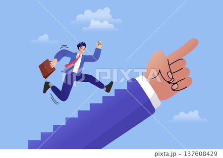 Career advancement concept with a man running up stairs of a giant pointing hand. Modern flat vector for professional guidance, mentorship, and corporate success growth strategy. Career advancement concept with a man running up stairs of a giant pointing hand. Modern flat vector for professional guidance, mentorship, and corporate success growth strategy. 137608429