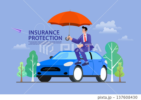 Car insurance protection concept illustration with a businessman holding a large umbrella. Professional vector design for vehicle safety, financial security, and insurance marketing services. 137608430
