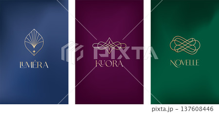 Luxury elegant line art logo design set on dark color gradient background. Minimalist gold linear 137608446
