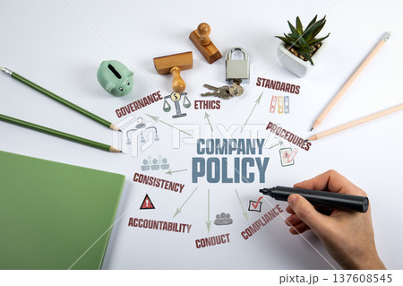 Company Policy Concept. Illustration with Icons Keywords and Arrows on a office desk 137608545
