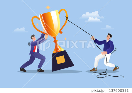 Business achievement concept with a team lifting and securing a giant gold trophy. Modern flat vector illustration for goal attainment, collective success, and corporate partnership motivation. Business achievement concept with a team lifting and securing a giant gold trophy. Modern flat vector illustration for goal attainment, collective success, and corporate partnership motivation. 137608551
