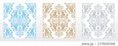 Wallpapers in the style of Baroque.. Set of colored floral ornaments. Seamless vector backgrounds Graphic patterns for fabric, wallpaper, packaging. Ornate Damask flower illustration 137608566