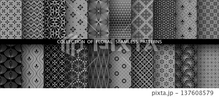 Geometric floral set of seamless patterns. Gray and black vector backgrounds. Damask graphic ornaments 137608579