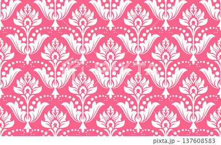 Wallpaper in the style of Baroque. White and pink floral ornament. Seamless vector background. Graphic pattern for fabric, wallpaper, packaging. Ornate Damask flower illustration Wallpaper in the style of Baroque. White and pink floral ornament. Seamless vector background. Graphic pattern for fabric, wallpaper, packaging. Ornate Damask flower illustration 137608583