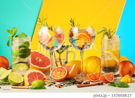 Cocktails with ingredients on a bright colorful background. 137608617