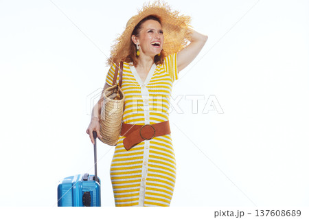 Happy Woman in Summer Dress with Travel Luggage Happy Woman in Summer Dress with Travel Luggage 137608689