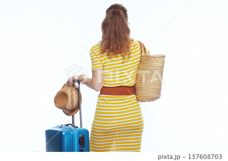 Back View of Woman with Summer Luggage and Straw Bag 137608703