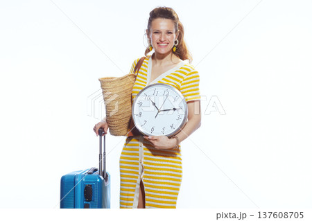Woman Holding Wall Clock and Luggage for Trip Planning 137608705