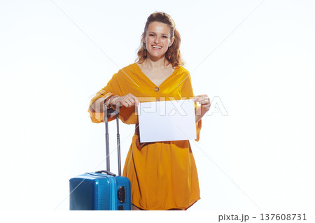Smiling Traveler Holding Blank Sign for Promotion 137608731