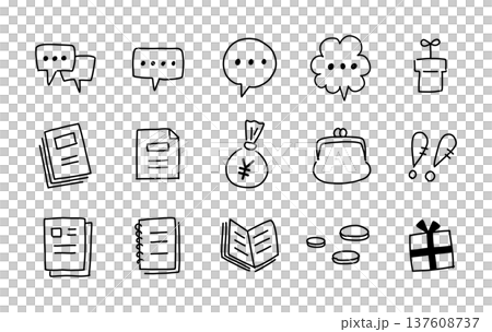 フリーハンドで描いたイラストセット。セリフ,書類,本,お金,財布などのラフな手書きアイコン フリーハンドで描いたイラストセット。セリフ,書類,本,お金,財布などのラフな手書きアイコン 137608737