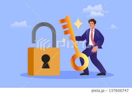 Strategic business security and problem solving concept. Flat vector illustration of a man unlocking a padlock with a key, ideal for achievement, data protection, and discovery. 137608747
