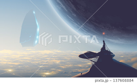 Scifi vector landscape of a futuristic outpost and giant hovering spaceship over a glowing cloud city. Scifi vector landscape of a futuristic outpost and giant hovering spaceship over a glowing cloud city. 137608884