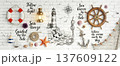 Nautical Themed Wall Decor with Lighthouse Sketch Anchor Ship Wheel and Starfish on White Brick 137609122