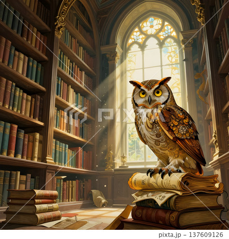Colorful owl perched on stacked books in a grand library with tall shelves, sunlight streaming through stained glass windows illuminating the scene 137609126