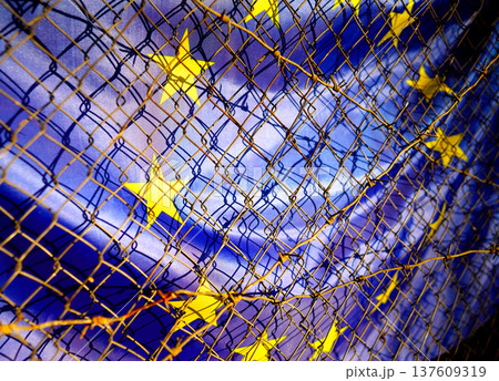 Barbed wire on European Union flag. Metal mesh barbed wire create visual barrier to EU. Barbed wire on European Union flag. Metal mesh barbed wire create visual barrier to EU. 137609319