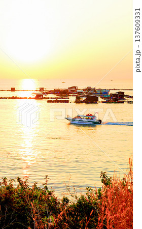 Speed boat in motion at harbor on sunset calm ocean water, distant fishing structures on sea evening 137609331