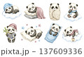 Adorable Watercolor Baby Panda Sleeping Set with Cute Pandas on Clouds and Wrapped  137609336