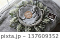Coming Soon Baby Announcement with Gray Knitted Romper and Ultrasound Photo in Wicker Basket 137609352