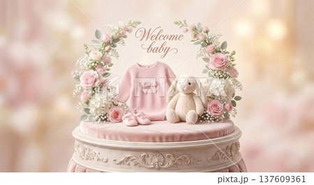 Welcome Baby Announcement with Pink Knitted Romper and Plush Bunny Toy Welcome Baby Announcement with Pink Knitted Romper and Plush Bunny Toy 137609361