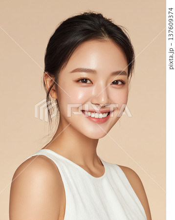 爽やかで透明感のある女性のポートレート(ベージュ背景) 爽やかで透明感のある女性のポートレート(ベージュ背景) 137609374