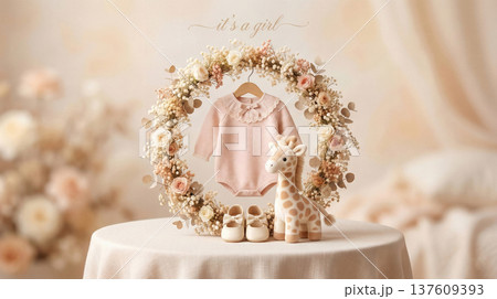 Its a Girl Baby Announcement with Pink Knit Bodysuit Plush Giraffe Toy Floral Wreath and Roses 137609393