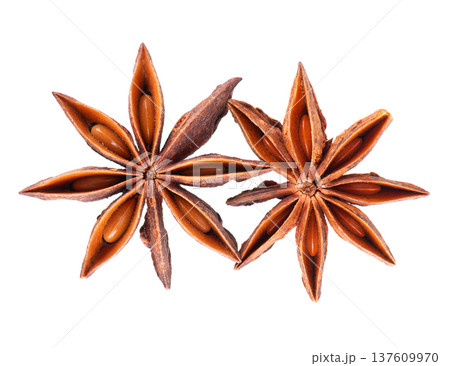 Star anise isolated on white background. Anise stars or badian spice. Clipping path. Top view. Star anise isolated on white background. Anise stars or badian spice. Clipping path. Top view. 137609970