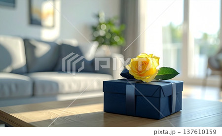 父の日の贈り物 濃紺のギフトボックスに添えられた黄色い薔薇 左側に余白のある構図 父の日の贈り物 濃紺のギフトボックスに添えられた黄色い薔薇 左側に余白のある構図 137610159