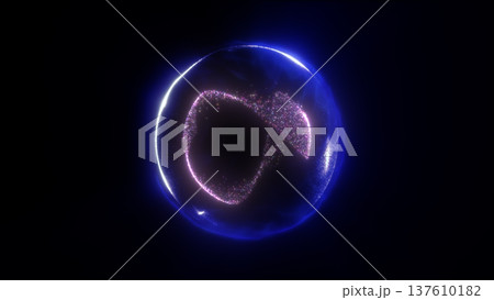 Blue transparent bubble orb with a pink particle swirl and neon glow on a dark background Blue transparent bubble orb with a pink particle swirl and neon glow on a dark background 137610182