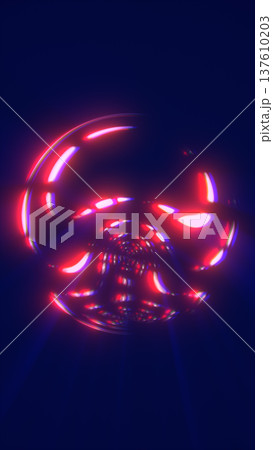 Futuristic red neon orb with reflective light arcs forming a tunnel-like sphere, creating a cyber sci-fi vortex effect on a dark blue background 137610203