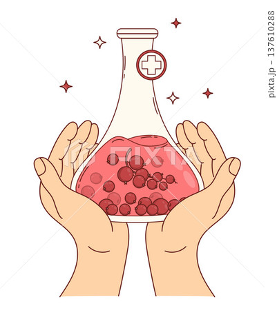 Hands Holding Laboratory Flask with Red Berry Currant Extract and Medical Cross. Herbal Pharmacy and natural health addition Concept. Vector Illustration Hands Holding Laboratory Flask with Red Berry Currant Extract and Medical Cross. Herbal Pharmacy and natural health addition Concept. Vector Illustration 137610288