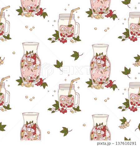 Seamless Pattern with Red and White Currant Drinks in Glass Pitcher, Mason Jar and Carafes on White Background. Fresh Cocktail with Ice , Berries, Mint Square template. Vector Illustration Seamless Pattern with Red and White Currant Drinks in Glass Pitcher, Mason Jar and Carafes on White Background. Fresh Cocktail with Ice , Berries, Mint Square template. Vector Illustration 137610291
