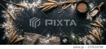 Baking Ingredients Frame on Dark Stone Background with Flour Wheat Ears and Rosemary Baking Ingredients Frame on Dark Stone Background with Flour Wheat Ears and Rosemary 137610296