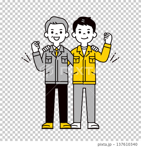 總統、工廠經理和年輕男員工身著工作服，齊心協力，共同合作。這是一幅全身向量插圖，描繪了他們三人身著工作服的場景。 137610340