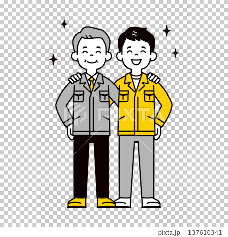 A simple full-body vector illustration of a smiling president/manager and a young male worker in work clothes, putting their arms around each other's shoulders 137610341