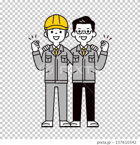 元気にガッツポーズする、ヘルメットを被った現場作業員と経営者の全身ベクターイラスト素材 137610342