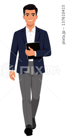Businessman walking with tablet isolated white 137610415
