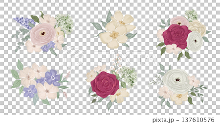 Floral watercolor bouquet with vintage botanical illustration and delicate leaves. Romantic garden composition with rose and peony Floral watercolor bouquet with vintage botanical illustration and delicate leaves. Romantic garden composition with rose and peony 137610576
