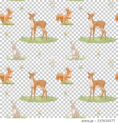 Seamless pattern with forest animals squirrel, rabbit and deer on white background, woodland watercolour illustrations 137610577