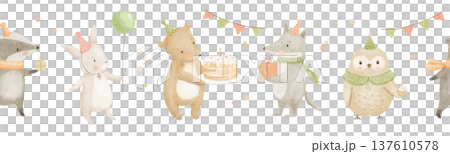 Seamless border with birthday woodland animals on isolated background. Endless print perfect for wallpaper 137610578