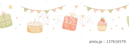 Seamless border with birthday party elements on isolated background, pennant and cake 137610579