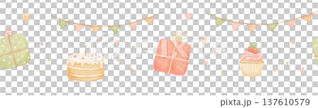 Seamless border with birthday party elements on isolated background, pennant and cake 137610579
